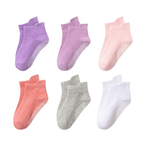 Xfvqtps 6 Pairs Toddler Girls Crew Socks with Grippy Knitted Solid Color Multicolored Simplicity Non Slip Comfortable Breathable Soft Thin Cotton Socks for 0-5 Years Multicolor-01