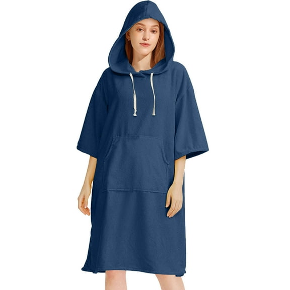 Xfvqtps Adults Men Women Surf Poncho Hoodie with Pocket 3/4 Sleeve Quick Dry Absorbent Changing Towel Robe Solid Color Swimming Beach Surfing Bath Towels Navy