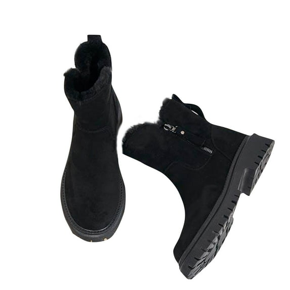 Xfvqtps Ankle Boots for Women Suede Surface Plush Lining Low Wedge Heel Round Toe Chunky Bottom Zipper Outside Large Size Thickened Comfortable Fashion Resistant Warm Winter Snow Boots Black