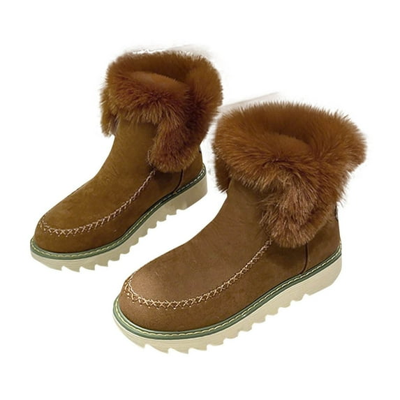 Xfvqtps Ankle Boots for Women Thickened Warm Winter Shoes Suede Surface Plush Lining Round Toe Chunky Bottom Platform Slip on Large Size Fashion Resistant Comfortable Snow Boots Brown