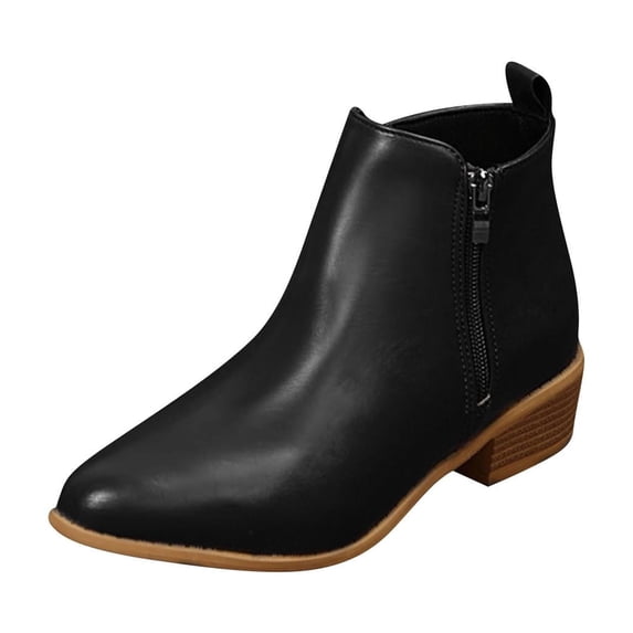 Xfvqtps Ankle Boots for Women Cork Block Low Heel Pointy Toe Both Side Zipper Leather Fashion Commute Booties Black