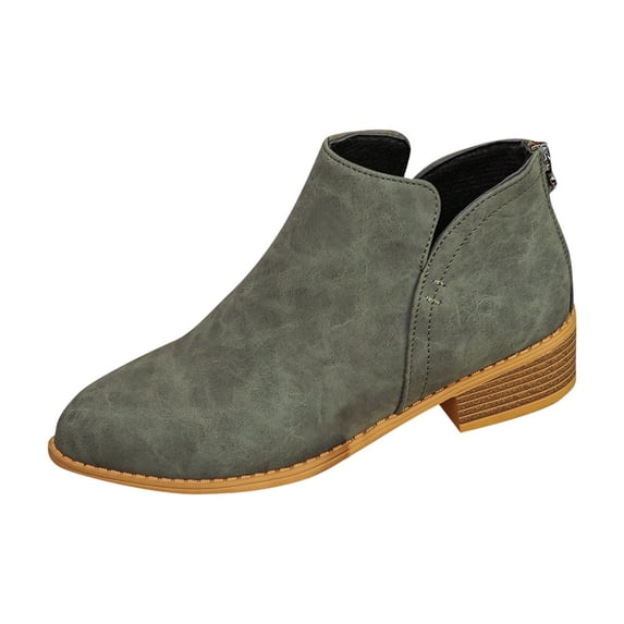 Xfvqtps Ankle Boots for Women Cork Pointy Toe Low Heel Back Zipper Leather Fashion Commute Booties Green