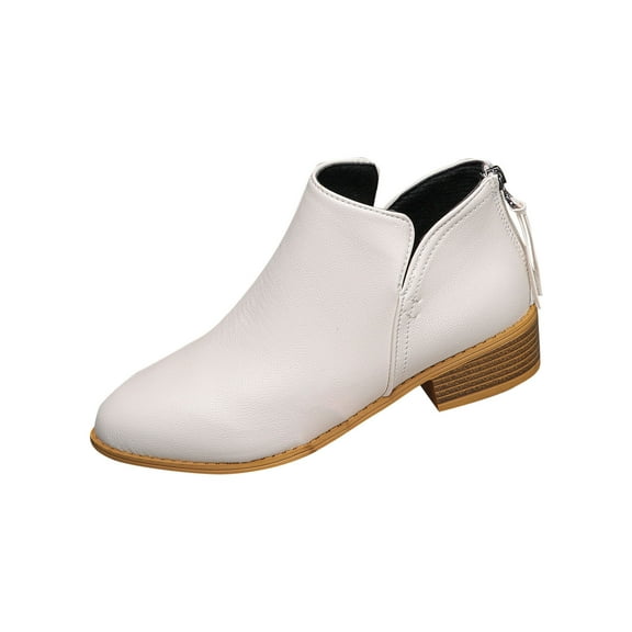 Xfvqtps Ankle Boots for Women Cork Pointy Toe Low Heel Back Zipper Leather Fashion Commute Booties White
