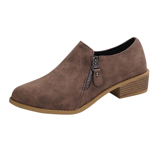 Xfvqtps Ankle Boots for Women Cork Pointy Toe Low Heel Both Side Zipper Leather Fashion Commute Booties Brown