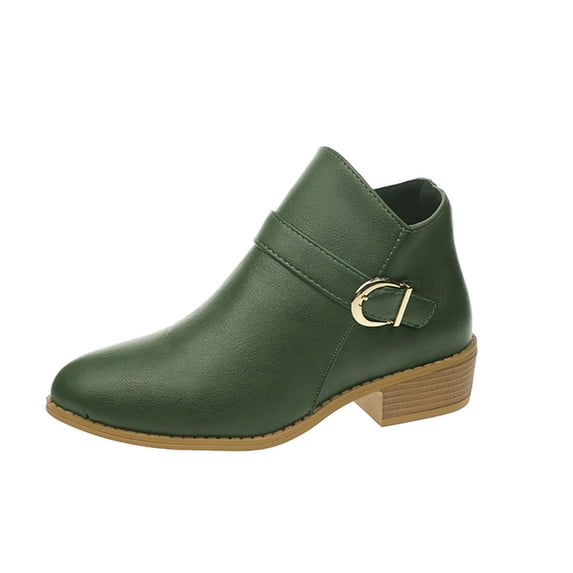 Xfvqtps Ankle Boots for Women Cork Side Zipper Pointy Toe Block Low Heel Buckle Strap Leather Fashion Booties Green