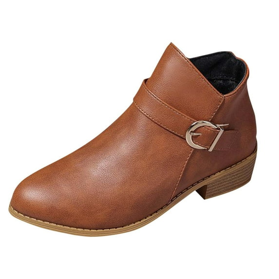 Xfvqtps Ankle Boots for Women Cork Side Zipper Pointy Toe Low Heel Buckle Strap Leather Booties Brown