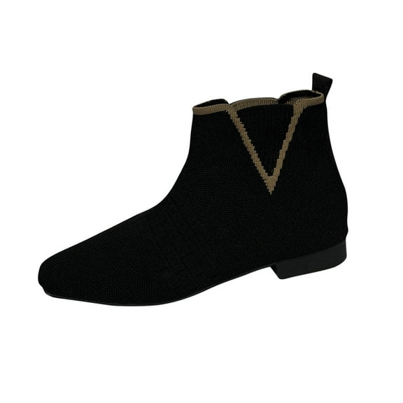 Xfvqtps Ankle Boots for Women Knit Shoe Upper Square Toe Pull on with Elastic Low Heel Casual Commute Boots Black