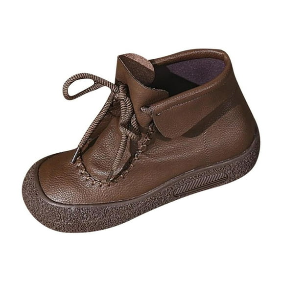 Xfvqtps Ankle Boots for Women Lace up Leather Flat Round Toe Fashion Casual Commute Boots Coffee