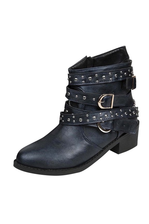 Ankle Boots for Women Side Zipper Chunky Pointy Toe Low Heel Rivet Buckle Strap Fashion Fall Booties