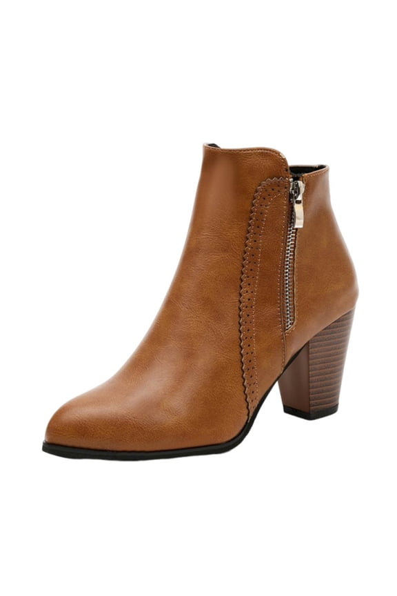 Ankle Boots for Women Side Zipper Cork Chunky Mid Heel Pointy Toe Leather Fashion Heel Boots Brown