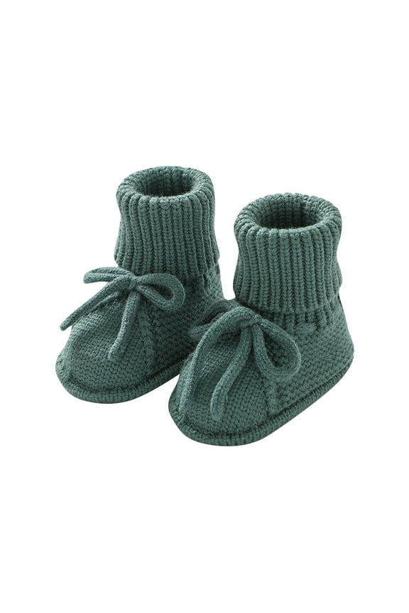 Baby Booties Knitted Crochet Solid Color Lace up Bow Mid Tube Non Slip Soft Comfortable Warm Winter House Shoes Prewalker Green