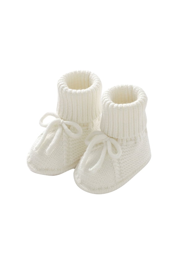 Baby Booties Knitted Crochet Solid Color Lace up Bow Mid Tube Non Slip Soft Comfortable Warm Winter House Shoes Prewalker White