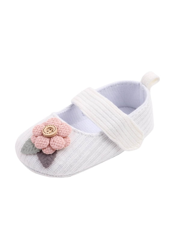 Baby Girls Walking Shoes Knit Flower and Leaf Hook Loop Cute Soft Sole Non Slip Indoor Mesh First Walker Shoes Summer New Baby Knitted Wool Shoes White