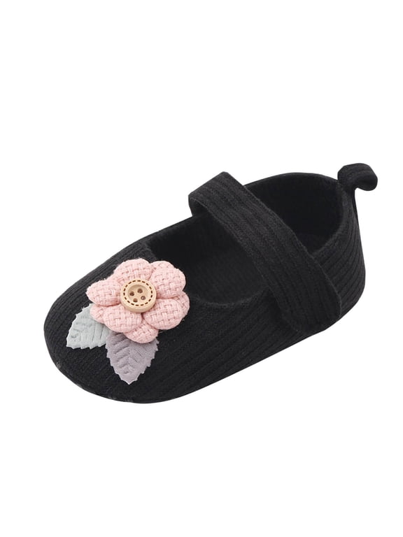 Baby Girls Walking Shoes Knit Flower and Leaf Hook Loop Cute Soft Sole Non Slip Indoor Mesh First Walker Shoes Summer New Baby Knitted Wool Shoes Black