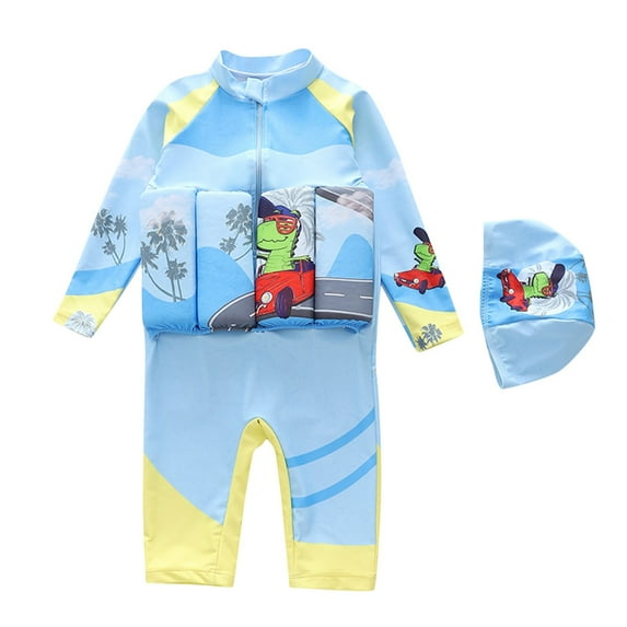 Xfvqtps Baby Infant Toddler Floatation Swimsuits and Cap One Piece Float Suit Front Zipper Long Sleeve Sun Protection Dinosaur Car Print Bathing Suits Swimwear for 6 Months-2 Years Light Blue