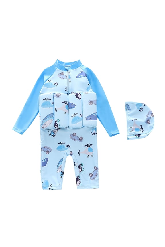 Baby Infant Toddler Floatation Swimsuits and Cap One Piece Float Suit Front Zipper Long Sleeve Sun Protection Helicopter Car Print Bathing Suits Swimwear for 6 Months-2 Years Sky Blue-01