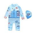 thumbnail image 1 of Xfvqtps Baby Infant Toddler Floatation Swimsuits and Cap One Piece Float Suit Front Zipper Long Sleeve Sun Protection Shark Waves Print Bathing Suits Swimwear for 6 Months-2 Years Sky Blue, 1 of 3