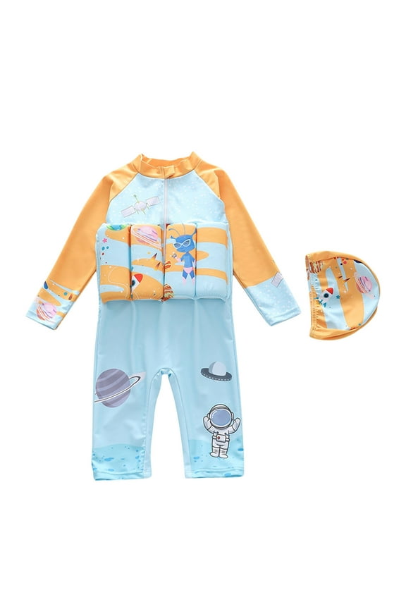 Baby Infant Toddler Floatation Swimsuits and Cap One Piece Float Suit Front Zipper Long Sleeve Sun Protection Space Astronaut Print Bathing Suits Swimwear for 6 Months-2 Years Orange