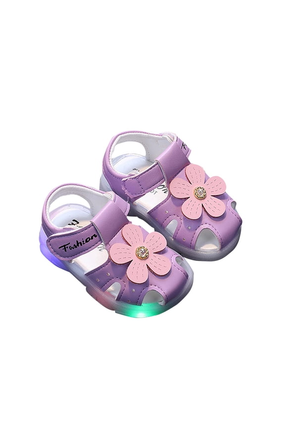 Baby Infant Toddler Little Girls LED Sandals Light Close Toe Hook and Loop Hollow out Flower Decor Squeaky Soft Sole Non Slip Casual Summer First Walkers Purple