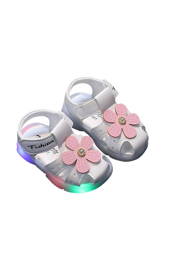 Baby Infant Toddler Little Girls LED Sandals Light Close Toe Hook and Loop Hollow out Flower Decor Squeaky Soft Sole Non Slip Casual Summer First Walkers White