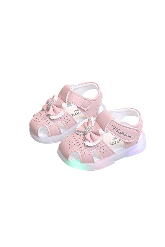 Baby Infant Toddler Little Girls LED Sandals Light Close Toe Hook and Loop Hollow out Rhinestone Bow Decor Squeaky Soft Sole Non Slip Beach Casual Summer First Walkers Pink