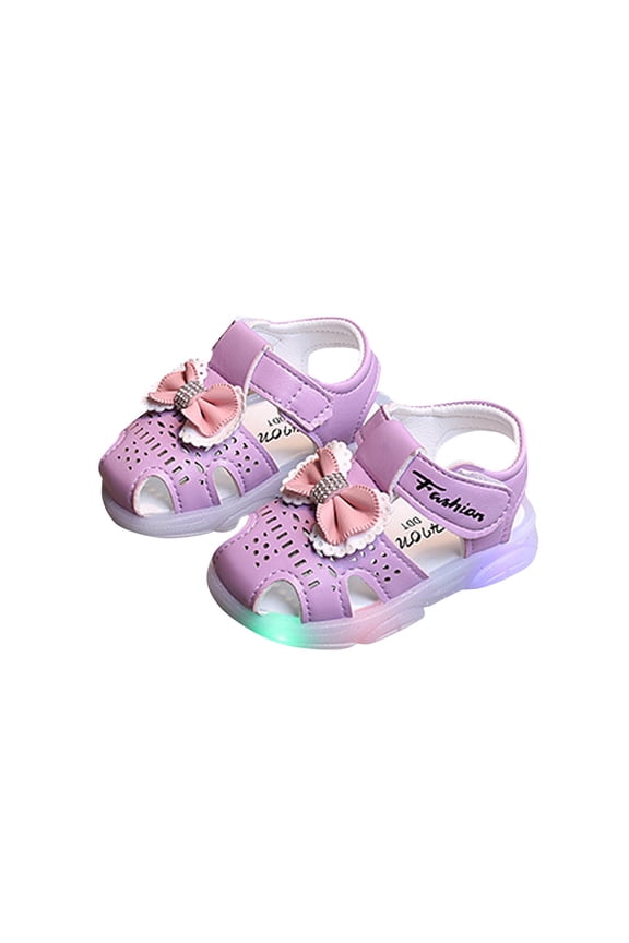 Baby Infant Toddler Little Girls LED Sandals Light Close Toe Hook and Loop Hollow out Rhinestone Bow Decor Squeaky Soft Sole Non Slip Beach Casual Summer First Walkers Purple