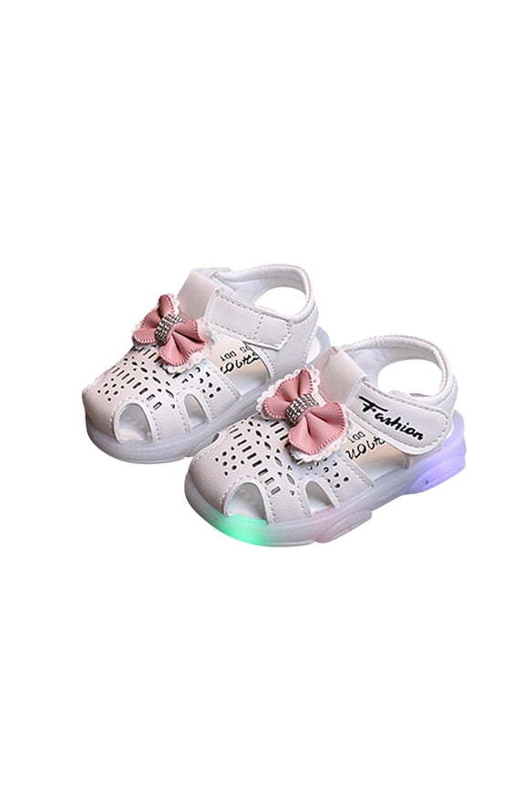 Baby Infant Toddler Little Girls LED Sandals Light Close Toe Hook and Loop Hollow out Rhinestone Bow Decor Squeaky Soft Sole Non Slip Beach Casual Summer First Walkers White