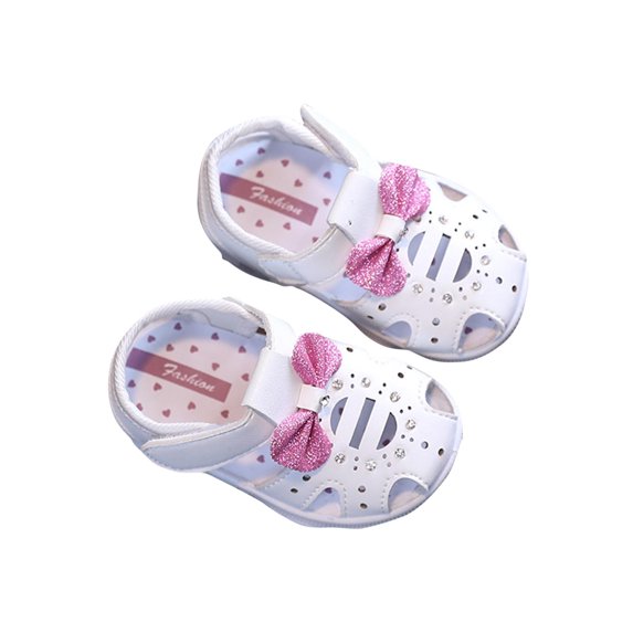 Xfvqtps Baby Infant Toddler Little Girls Sandals Close Toe Velcro Hollow out Rhinestone Glitter Bow Decor Squeaky Soft Sole Non Slip Breathable Beach Dressy Casual Summer First Walkers White
