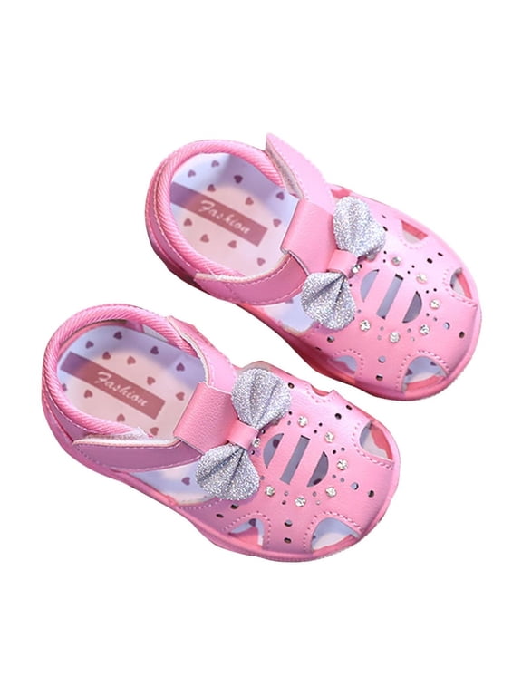Baby Infant Toddler Little Girls Sandals Close Toe Hook and Loop Hollow out Rhinestone Glitter Bow Squeaky Soft Sole Non Slip Breathable Beach Dressy Summer First Walkers Hot Pink