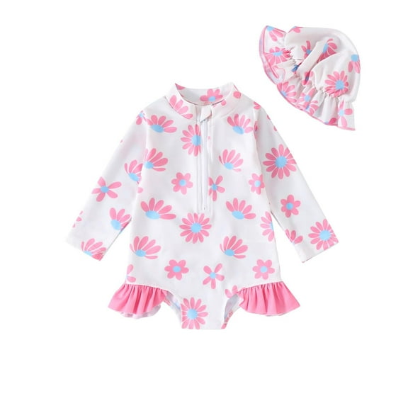 Xfvqtps Baby Infant Toddler One Piece Swimsuit with Hat Ruffle Front Zipper Long Sleeve Flower Print Cute Sweet Sunscreen Beach Bathing Suits for Girls Swimwear for 0-3 Years Pink