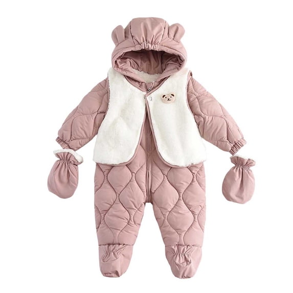 Xfvqtps One Piece Snowsuit with Plush Vest Gloves Hooded Footed Rompers Plush Lined Keep Warm Zipper Cute Waterproof Windproof Winter Jumpsuits Pink