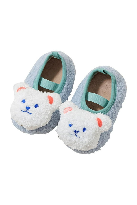 Baby Slippers Fleece Cute Cartoon Animal Bear Slippers Non Slip Soft Warm Fall House Shoes Christmas Gifts Infant First Walkers Blue