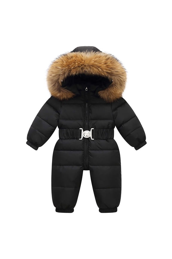 Snowsuit One Piece Detachable Fake Fur Hooded Rompers Buckle Keep Warm Solid Color Waterproof Windproof Winter Jumpsuits Black