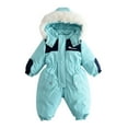 thumbnail image 1 of Xfvqtps Snowsuit One Piece Fake Fur Hooded Rompers Keep Warm Color Blocking Waterproof Windproof Winter Jumpsuits Light Blue, 1 of 5