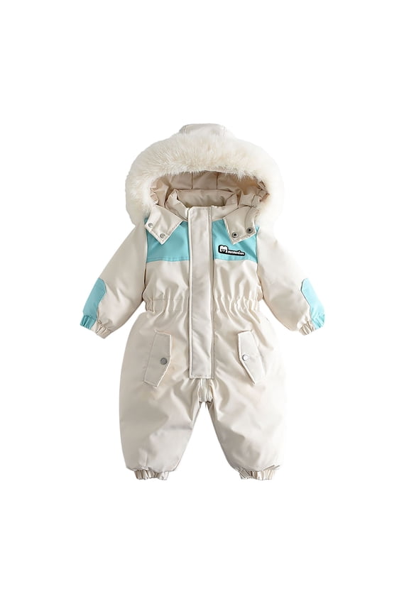 Snowsuit One Piece Fake Fur Hooded Rompers Keep Warm Color Blocking Waterproof Windproof Winter Jumpsuits White