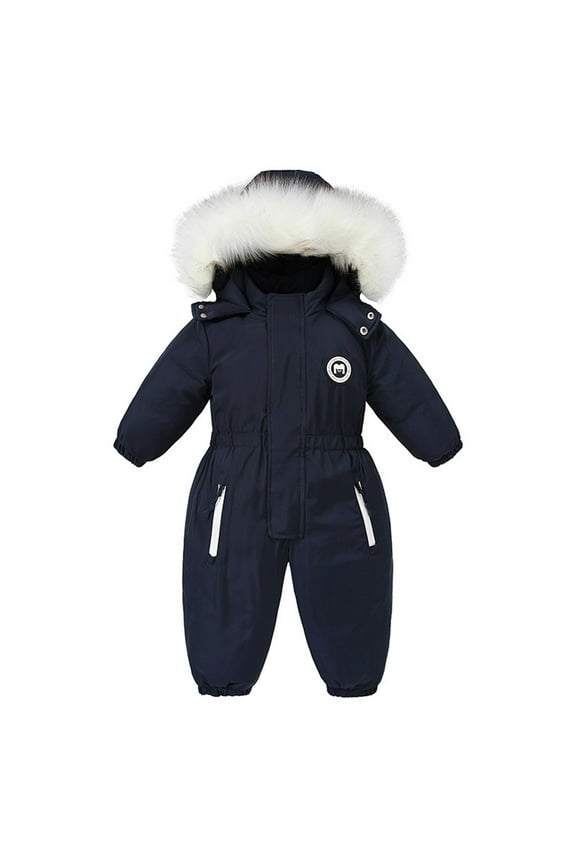 Snowsuit One Piece Fake Fur Hooded Rompers Plush Lined Keep Warm Solid Color Cute Badge Waterproof Windproof Winter Jumpsuits Navy