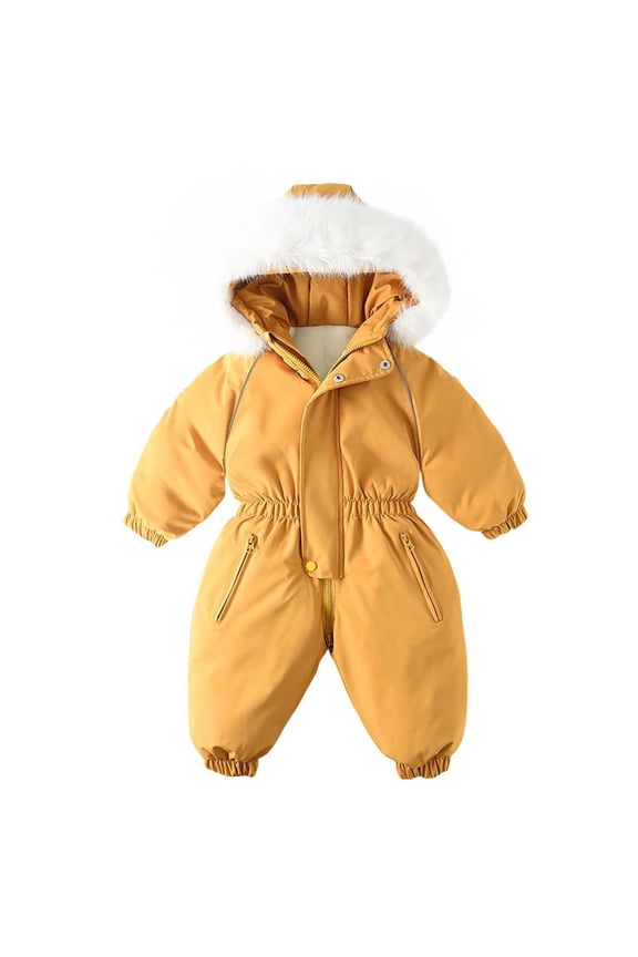 Snowsuit One Piece Hooded Furry Keep Warm Fleece-Lined Full Zipper Solid Color Waterproof Windproof Winter Jumpsuits Orange