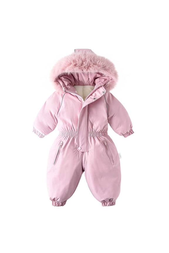 Snowsuit One Piece Hooded Furry Keep Warm Fleece-Lined Full Zipper Solid Color Waterproof Windproof Winter Jumpsuits Pink