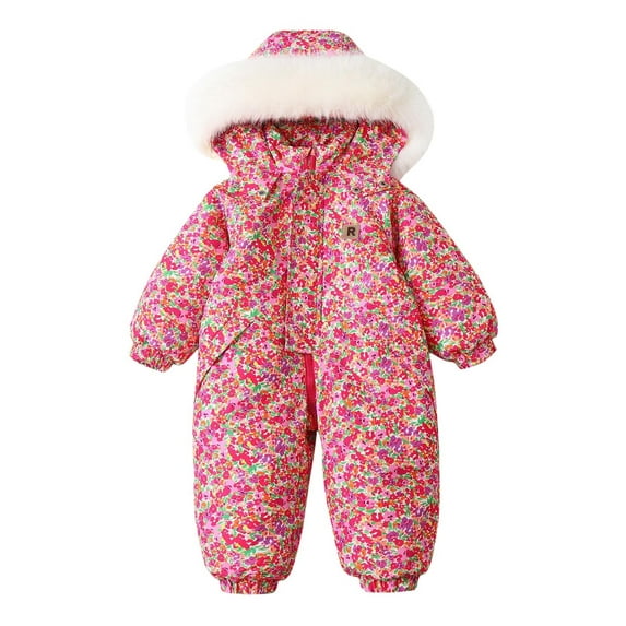 Xfvqtps Snowsuit One Piece Hooded Furry Keep Warm Full Zipper Colorful Floral Waterproof Windproof Winter Jumpsuits Red