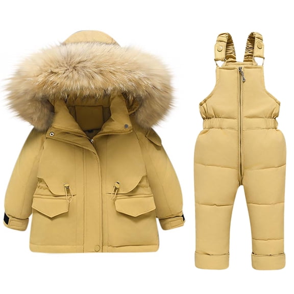Xfvqtps Snowsuit Down Jacket and Pant Set Fake Fur Hooded Adjustable Drawstring Coat and Overalls Fake Pockets Waterproof Windproof Outdoor Winter Warm Ski Suits Yellow