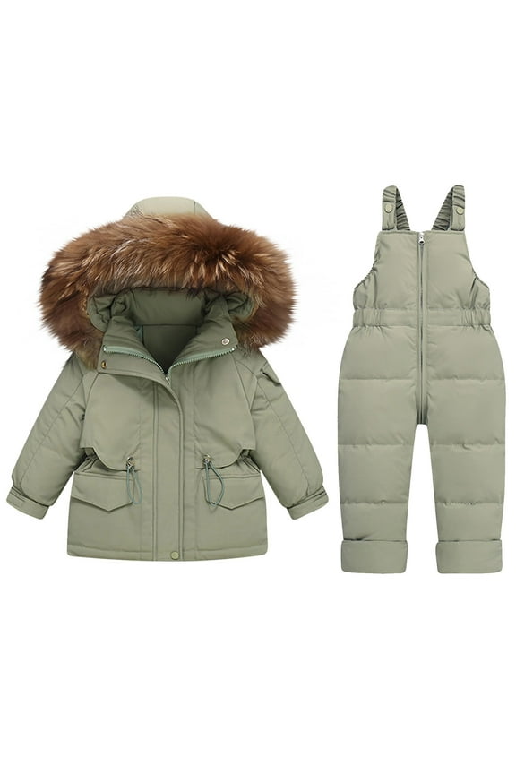 Snowsuit Down Jacket and Pant Set Fake Fur Hooded Adjustable Drawstring Coat and Overalls Solid Color Waterproof Windproof Outdoor Winter Warm Ski Suits Green
