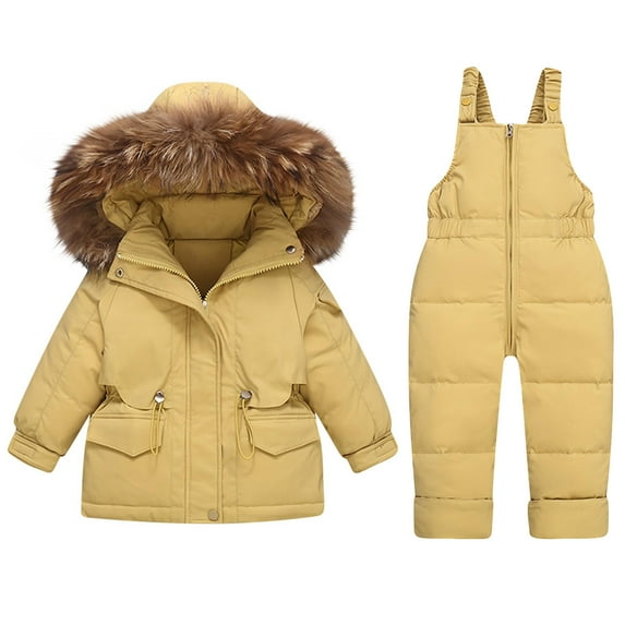 Xfvqtps Snowsuit Down Jacket and Pant Set Fake Fur Hooded Adjustable Drawstring Coat and Overalls Solid Color Waterproof Windproof Outdoor Winter Warm Ski Suits Yellow