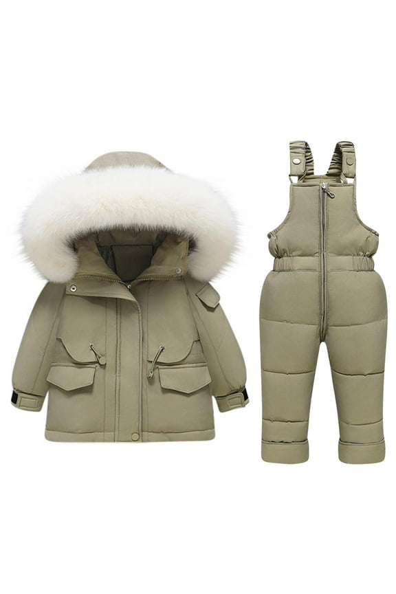 Snowsuit Down Jacket and Pant Set Hooded Adjustable Drawstring Coat and Overalls Solid Color Fake Pockets Waterproof Windproof Outdoor Winter Warm Ski Suits Green