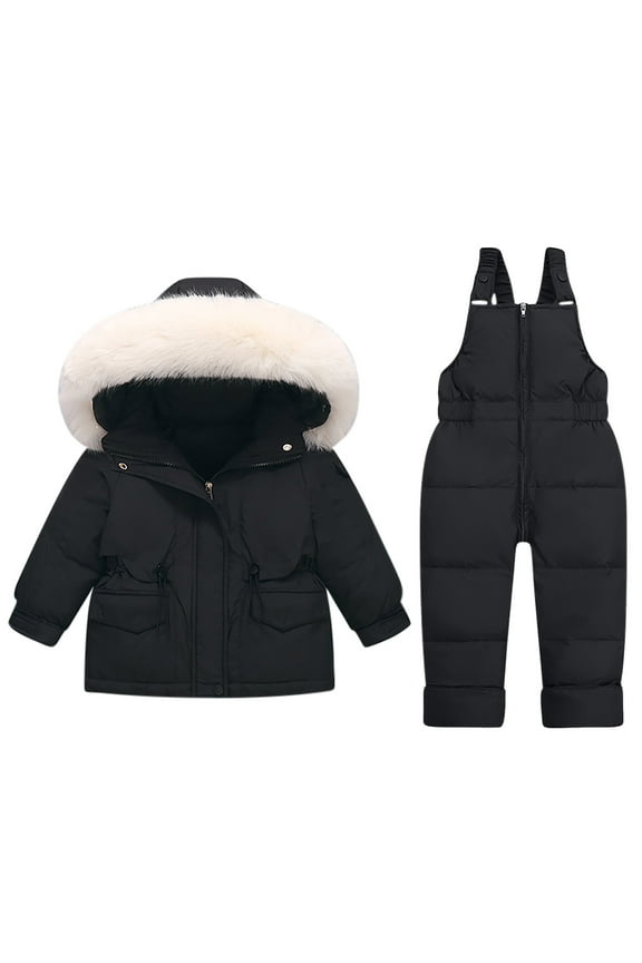 Snowsuit Down Jacket and Pant Set Hooded Adjustable Drawstring Coat and Overalls Solid Color Waterproof Windproof Outdoor Winter Warm Ski Suits Black
