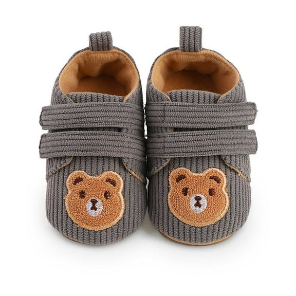 Xfvqtps Baby Walking Shoes Cute Bear Embroidery Double Strap Hook up Plush Lining Non Slip Comfortable Soft Sole Warm Winter Shoes Gray