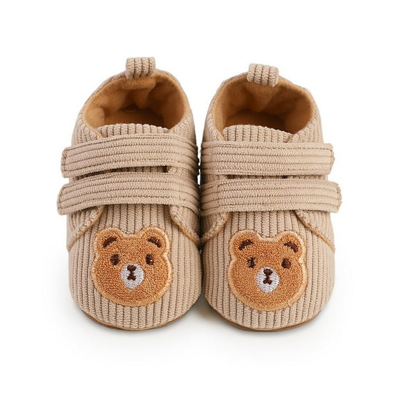 Xfvqtps Baby Walking Shoes Cute Bear Embroidery Double Strap Hook up Plush Lining Non Slip Comfortable Soft Sole Warm Winter Shoes Khaki