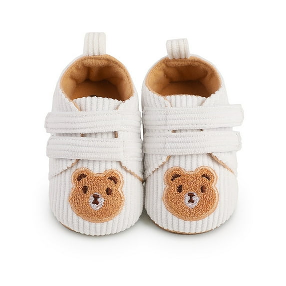 Xfvqtps Baby Walking Shoes Cute Bear Embroidery Double Strap Hook up Plush Lining Non Slip Comfortable Soft Sole Warm Winter Shoes White