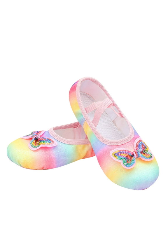 Ballet Shoes for Girls Soft Sole Non Slip Cross Elastic Straps Gradient Rainbow Color Butterfly Glitter Canvas Dance Shoes for Gymnastics Performance Multicolor