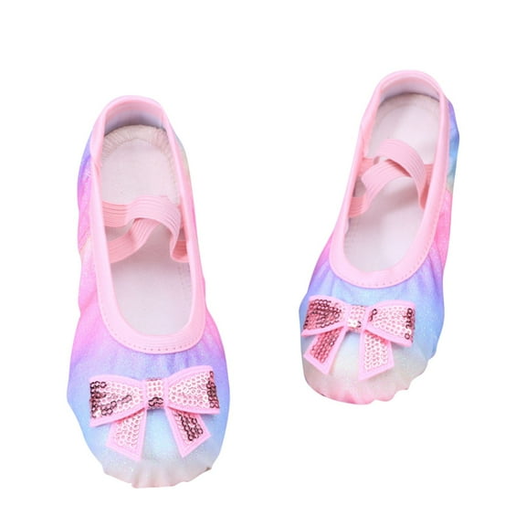 Xfvqtps Ballet Shoes for Girls Soft Sole Non Slip Cross Elastic Straps Gradient Rainbow Color Glitter Bow Dance Shoes for Gymnastics Performance Multicolor