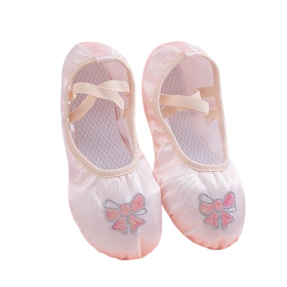 Xfvqtps Ballet Shoes for Girls Soft Sole Non Slip Cross Elastic Straps Bow Embroidery Satin Dance Shoes for Gymnastics Performance Beige